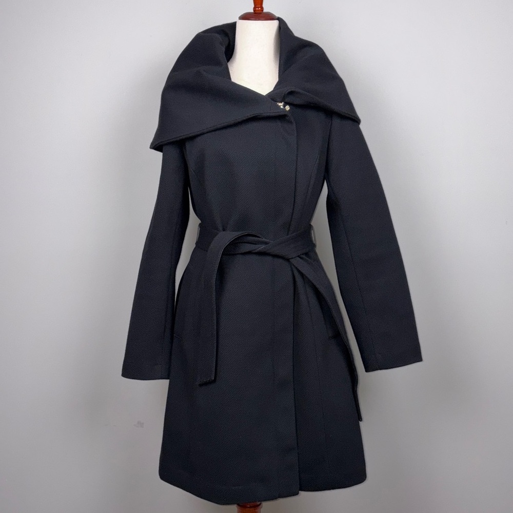 Cole Haan Women’s Twill Belted Asymmetrical Zip Front Coat‎ Black SZ 10